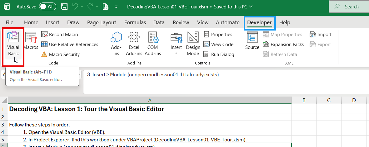 Developer tab with Visual Basic button