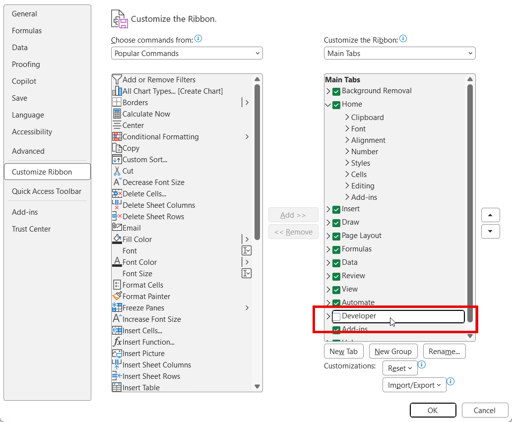 Customize Ribbon window with Developer enabled