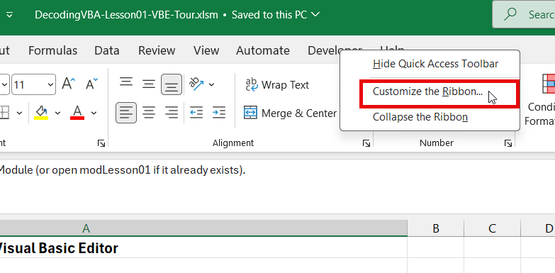 Ribbon right-click menu to customize the ribbon