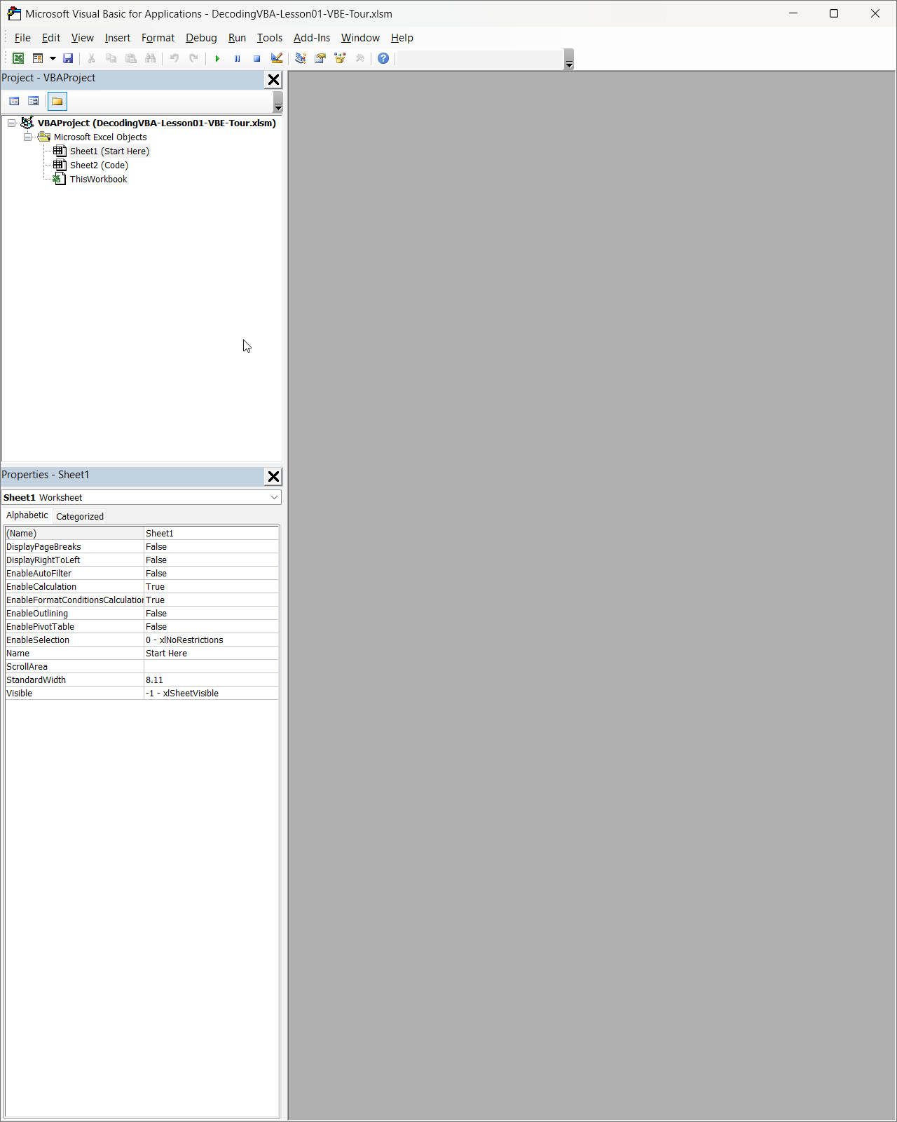Visual Basic Editor with Project Explorer and Properties window