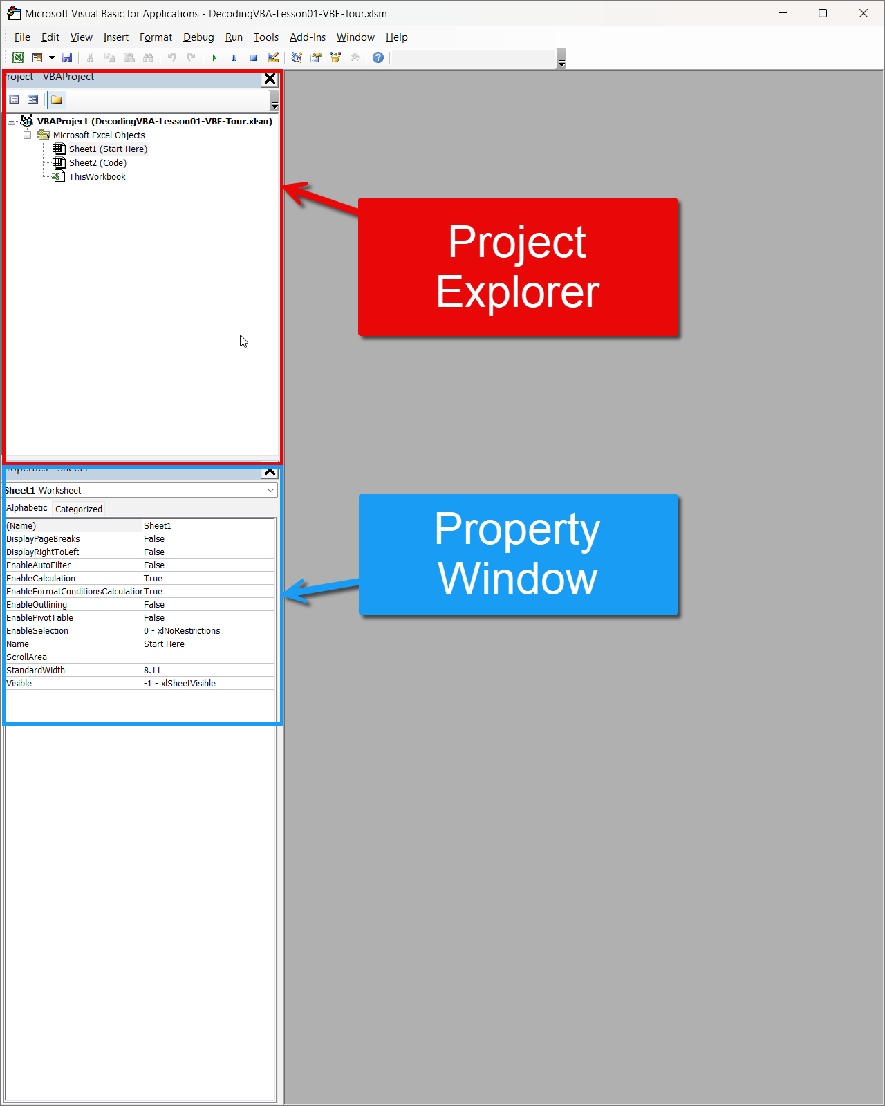 Properties window showing worksheet Name and Visible
