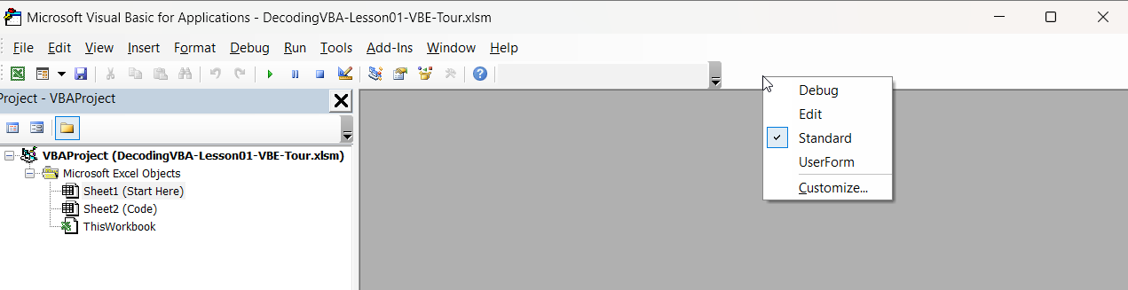 Toolbar right-click menu to show Edit and Debug toolbars