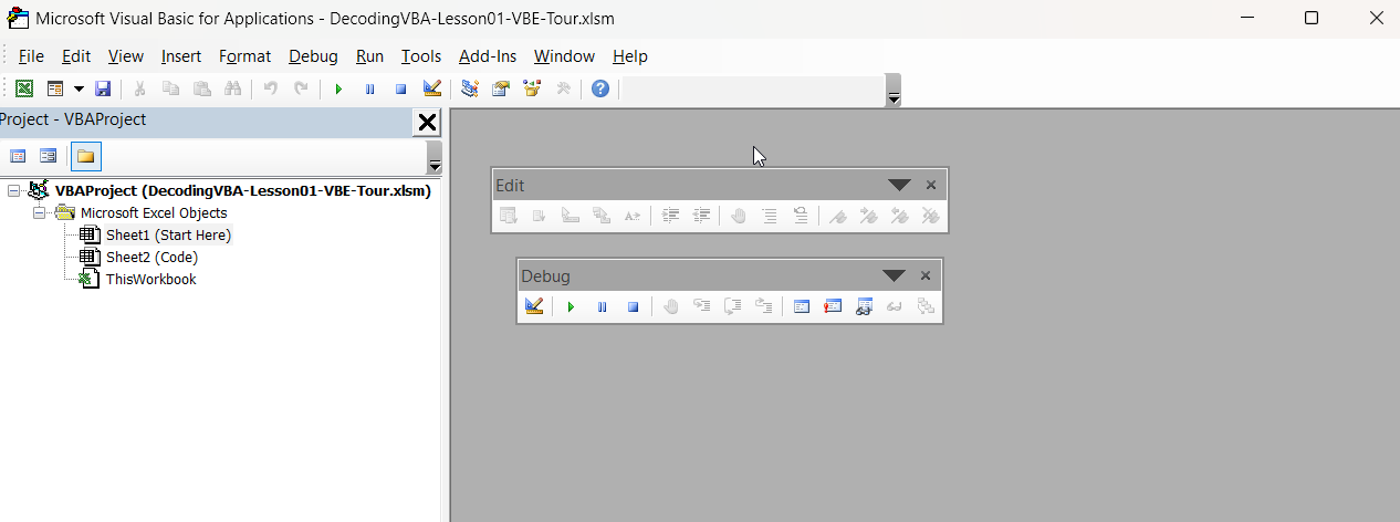 Visual Basic Editor with Edit and Debug toolbars visible