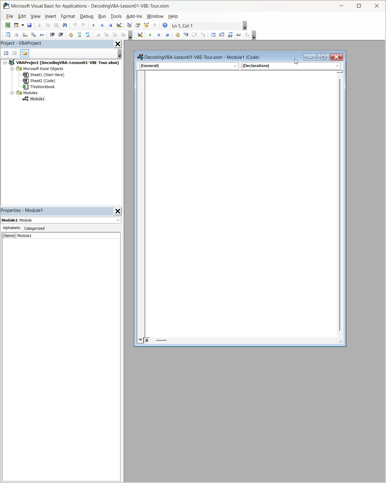 Code window open in the Visual Basic Editor