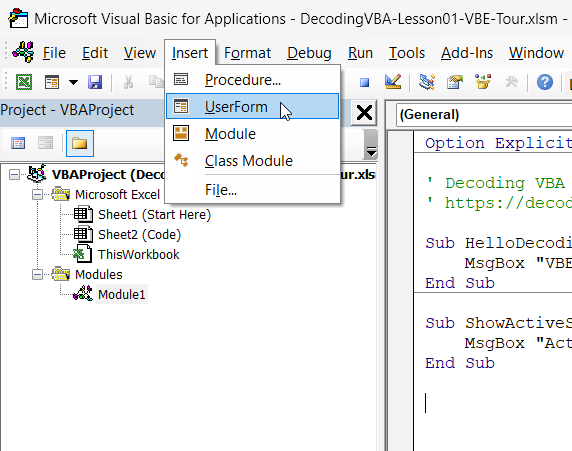 Insert a module from the menu bar