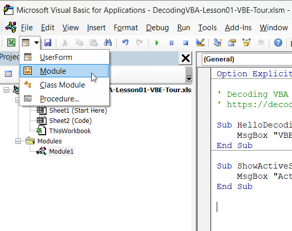 Insert a module from the toolbar