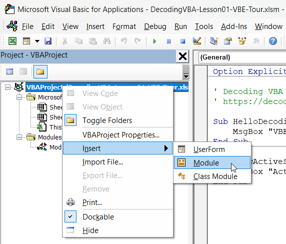 Insert a module from the Project Explorer context menu