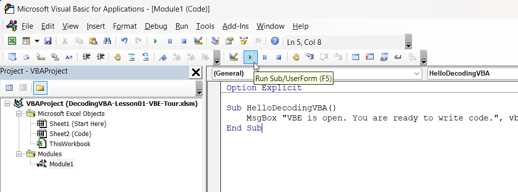 Running a macro with the Run button