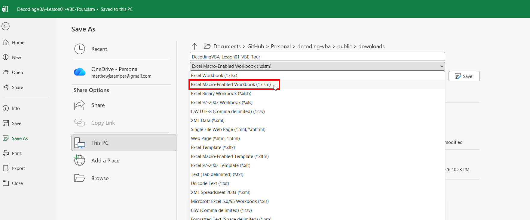 Save As dialog choosing macro-enabled workbook (.xlsm)
